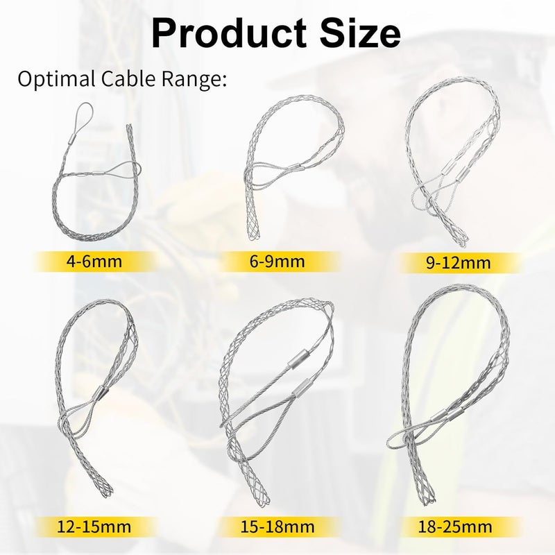 Dtructiew 6 Pcs Double Head Cable Puller Socks for Electricians, 4-25 mm Wire Puller Grip Kit, 304 Stainless Steel Wire Pulling Tools for Light & Heavy Cables - Image 2